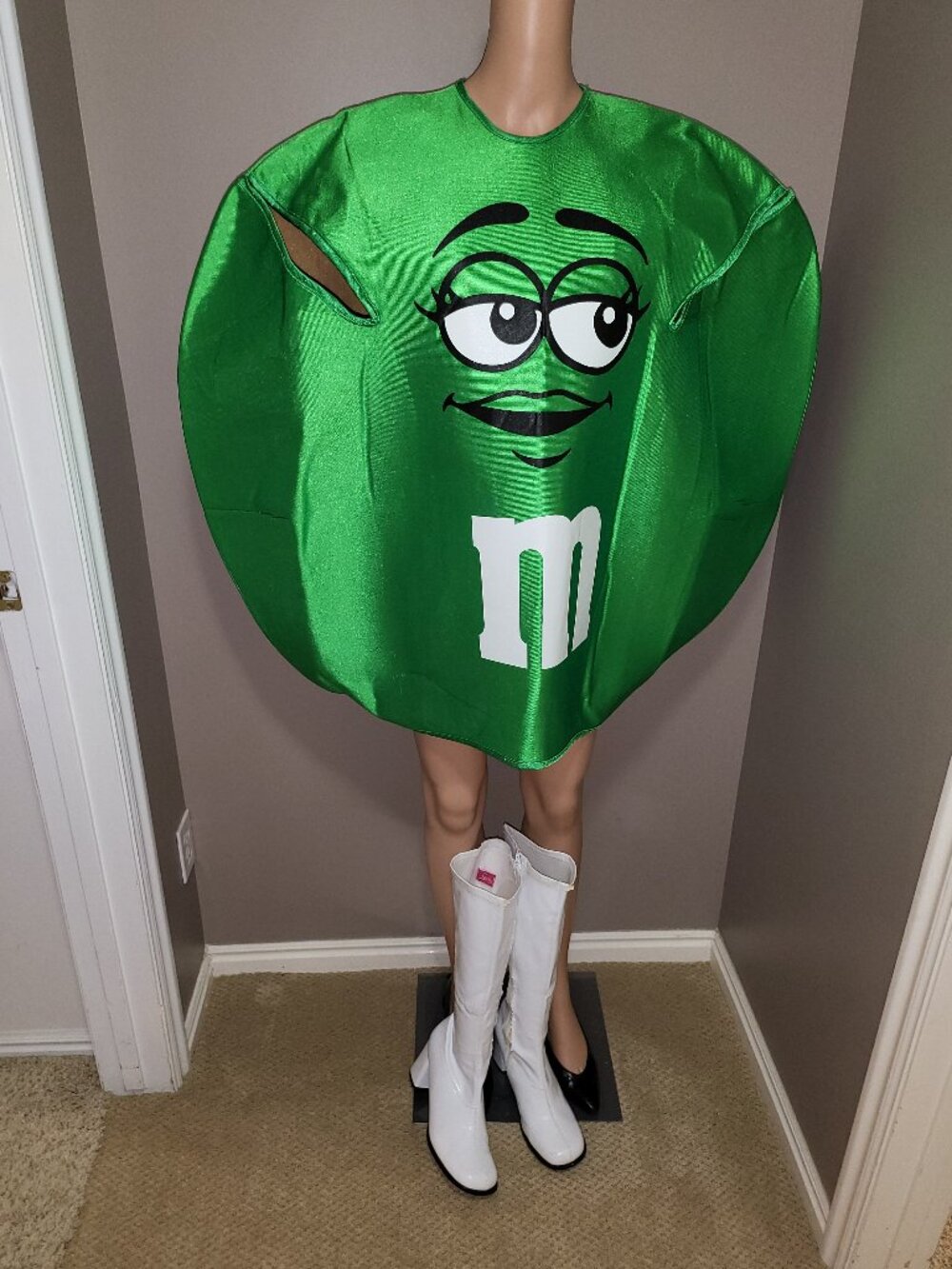 HALLOWEEN: Green M&M Candy Adult Costume Tunic Bodysuit White Boots Set